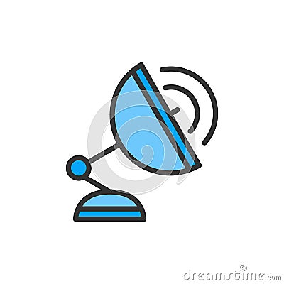 Vector satellite dish, wireless radar, tv antenna flat color line icon. Vector Illustration