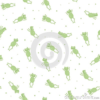 Vector scandinavian animal character seamless pattern. Colorful childish funny frog with dots jumping isolated on white background Stock Photo