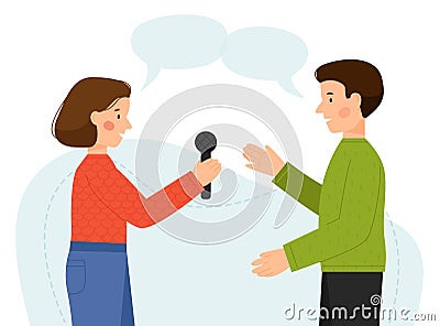 Vector scene of man and woman interview. A guy and a girl talking. Man giving interviews to a journalist. Vector Illustration