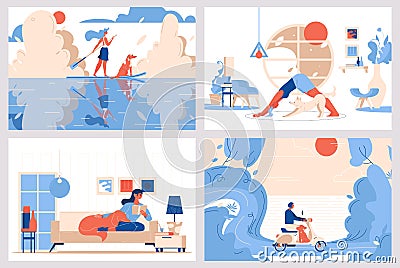 Vector scenes about dogs and owners love. Travelling with puppies, yoga and sport with pets. Vibrant colors, lovely characters Stock Photo