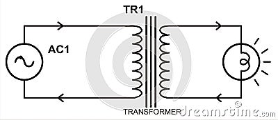 Vector schematic diagram of an electrical circuit with transformer, lamp, voltage source Vector Illustration