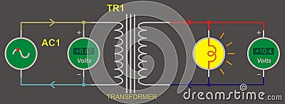 Vector schematic diagram of an electrical circuit with transformer, lamp, voltage source and a voltmeter. Vector Illustration