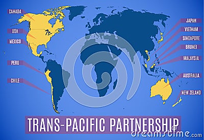 Vector schematic map of the Trans-Pacific Partnership TPP. Vector Illustration