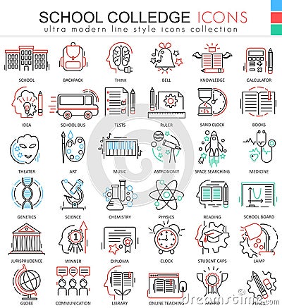 Vector School and colledge ultra modern outline line icons for apps and web design. School sybols for app and web. Vector Illustration