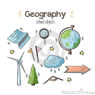 Vector school geography doodle illustration. Cartoon Illustration