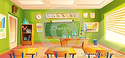 Vector school laboratory, classroom interior, chemistry room. Educational chemical experiments, cabinet furniture. Vector Illustration