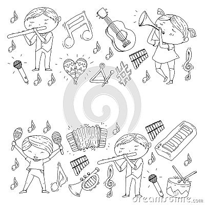 Vector school of music Musical theatre Kindergarten children with music instruments Drum, flute, accordion, trumpet Vector Illustration