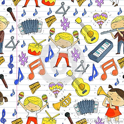 Vector school of music Musical theatre Kindergarten children with music instruments Drum, flute, accordion, trumpet Vector Illustration