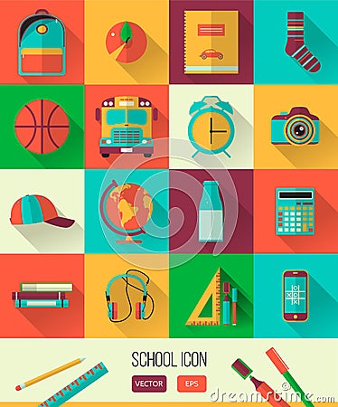 Vector school workspace illustration. Education and school icons set. Flat style, long shadows. High school object, college Vector Illustration