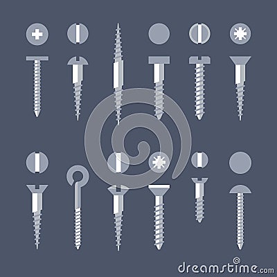 Vector screws nails and wall plugs icon collection. Nuts flat set. Constructor elements illustration. Vector Illustration
