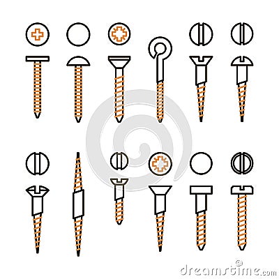 Vector screws nails and wall plugs icon collection. Nuts line set. Constructor elements illustration. Repair bolt Vector Illustration