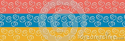 Vector scribbled abstract circles seamless striped border. Banner of hand drawn round groups of ink line spirals on Vector Illustration