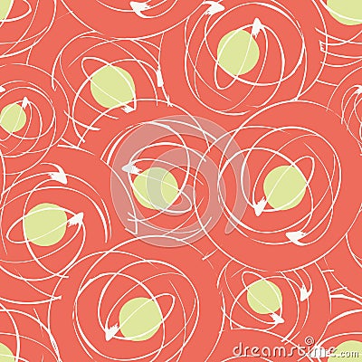 Vector scribbled ink line circle seamless pattern background. Retro brush stroke swirls red backdrop. Bold 1950s style Vector Illustration