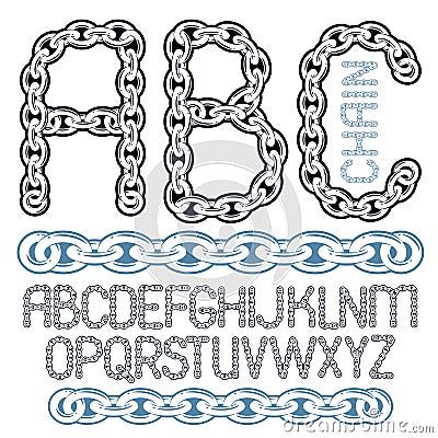 Vector script, modern alphabet letters, abc set. Capital creative font made with iron chain, linked connection. Vector Illustration