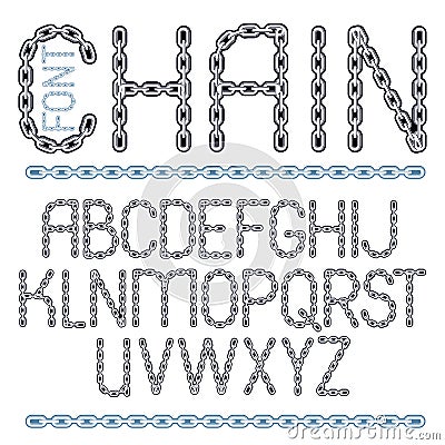 Vector script, modern alphabet letters set. Capital creative font made with iron chain, linked connection. Vector Illustration