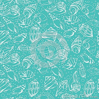 Vector sea pattern. Summer background with shell elements. Repeating print background texture. Vector Illustration