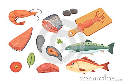 Vector Seafood illustrations set flat fresh fish and crab. Lobster and oyster, shrimp and menu, octopus animal Vector Illustration