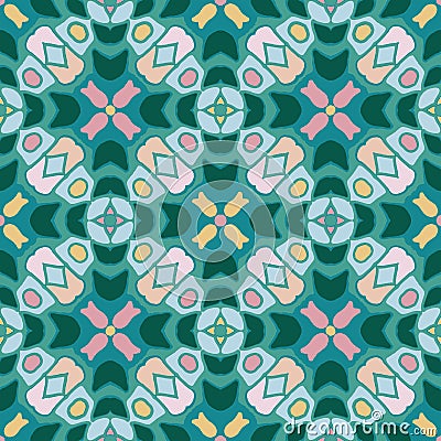 Vector seamless abstract floral tiles pattern in geometric layout. Colorful ethnic doodle background. Wallpaper, fabric Vector Illustration