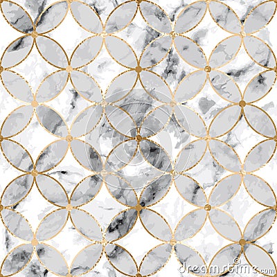 Seamless abstract geometric stone pattern with gold lines and gray marble segments circles on white background Vector Illustration