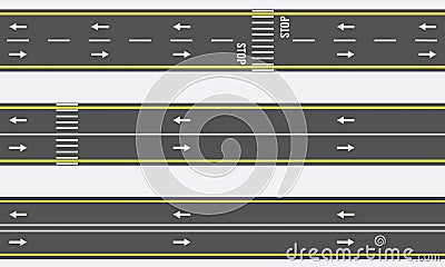 Vector Seamless asphalt road and highway types from top view. Vector Illustration