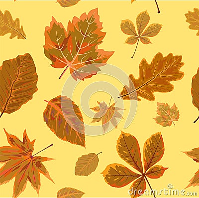 Vector Seamless Autumn fall season patten background floral watercolor style with colorful falling orange brown leaves of forest Vector Illustration