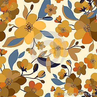 Vector seamless autumn flower pattern with yellow bouquets, branches, leaves, buds. Botanical ornamental flowering plant pattern. Vector Illustration