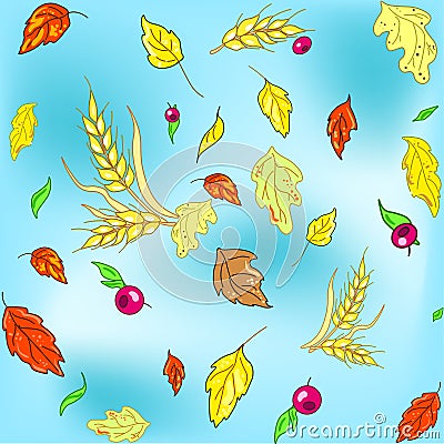 Vector seamless autumn texture with leaves and wheat spikes on blue background Vector Illustration