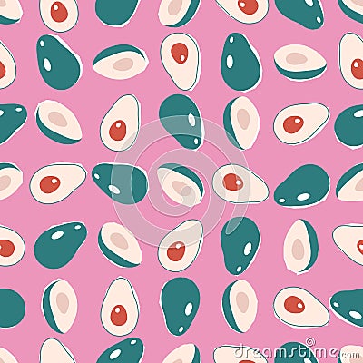 Vector seamless avocado pattern. Green fruit on a pink background. Trendy, modern design for printing, Wallpaper, fabrics, textile Vector Illustration