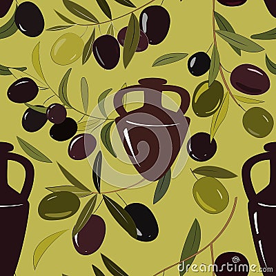 Vector seamless background with amphora and olive branches. Vector Illustration
