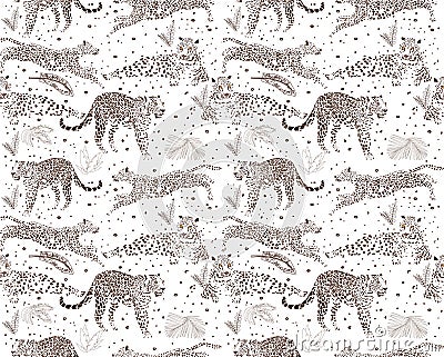Vector seamless background with beautiful leopards. Tropical foliage and fruits Vector Illustration