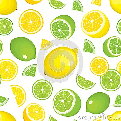 Vector seamless background of citrus products - lemon and lime on white background. Whole fruits and slices. Vector Illustration