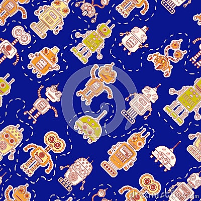 Seamless pattern with cute robots Vector Illustration