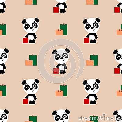Vector seamless background. Cute cartoon panda shopping. The panda stands next to the packages Stock Photo