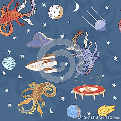 Vector seamless background with dragons, trampolines and rockets in space. Vector Illustration