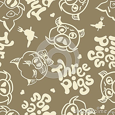 Vector seamless background with the images of the grown up three pigs with different characters. Manually drawn sketch Vector Illustration