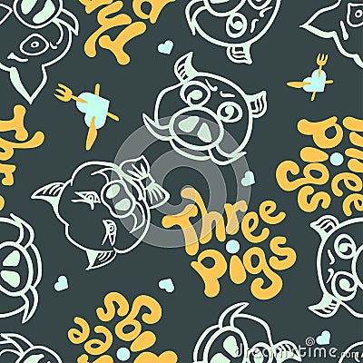 Vector seamless background with the images of the grown up three pigs with different characters. Manually drawn sketch Vector Illustration