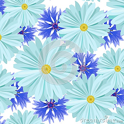 Seamless background pattern with light blue daisies chamomile and cornflowers flowers. Vector illustration. Vector Illustration