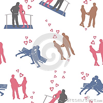 Vector seamless background with people silhouettes. Loving couple, guy and girl kiss while sitting on a bench. Woman and man hold Vector Illustration