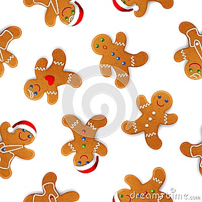 Vector seamless background with realistic christmas gingerbread mans, decorated with icing, on white Vector Illustration