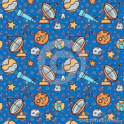Vector seamless background with space elements. Pattern with a telescope, planets, stars and satellites. It can be used Vector Illustration