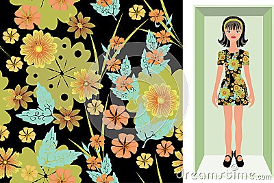 Vector seamless background for womenâ€™s fabric design, wrapping, scarf, hijab. Cartoon brunette doll in a cardboard box in Vector Illustration