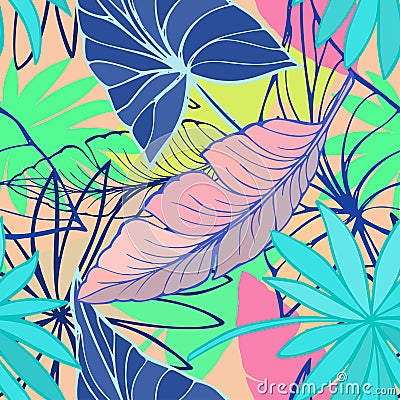 Vector seamless beautiful artistic bright tropical pattern with banana, Syngonium and Dracaena leaf, summer beach fun Vector Illustration