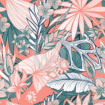 Vector seamless beautiful artistic bright tropical pattern with banana, Syngonium and Dracaena leaf, summer beach fun Vector Illustration