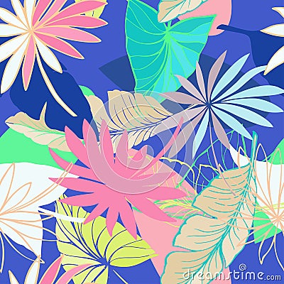 Vector seamless beautiful artistic bright tropical pattern with banana, Syngonium and Dracaena leaf, summer beach fun Vector Illustration