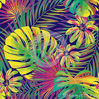 Vector seamless beautiful artistic bright tropical pattern with monstera leaf, frond, split leaf, philodendron, summer Vector Illustration