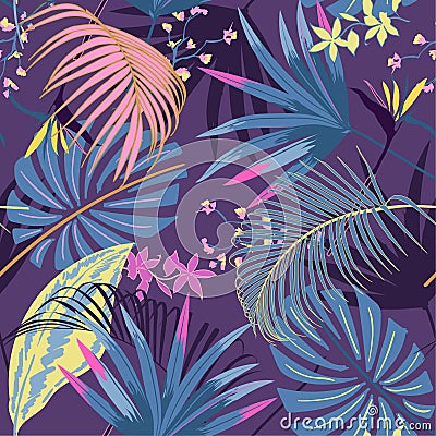 vector seamless beautiful artistic summer pastale bright tropical pattern with exotic forest. Colorful cute original stylish Stock Photo