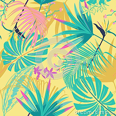 vector seamless beautiful artistic summer pastale bright tropical pattern with exotic forest. Colorful cute original stylish Stock Photo