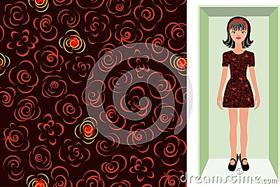 Vector seamless beautiful floral pattern for womenâ€™s fabric, wrapping, scarf, hijab. Cartoon brunette doll in a cardboard box in Vector Illustration