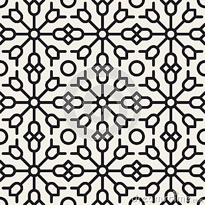 Vector Seamless Black and White Geometric Ethnic Floral Line Ornament Pattern Vector Illustration