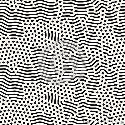 Vector Seamless Black and White Organic Rounded Jumble Lines Maze Pattern Vector Illustration